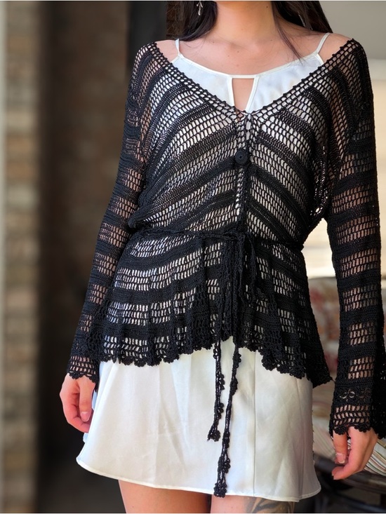 Vintage Sweaters - Black Boho Dainty Tassel Lace Tie Knit Cardigan Ruffled Trim